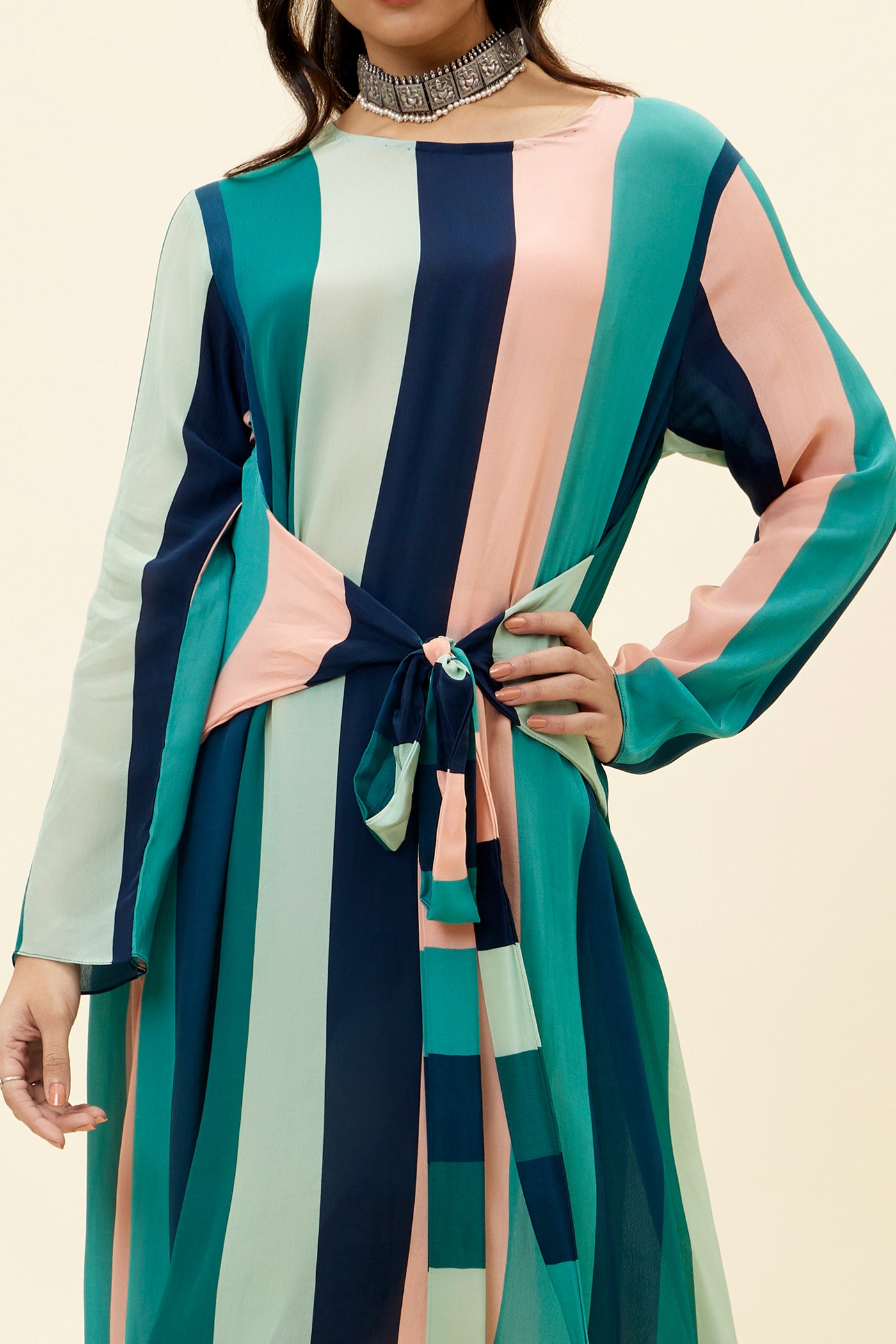 sva Striped Print Front Tie-up Tunic Set online shopping melange singapore indian designer wear