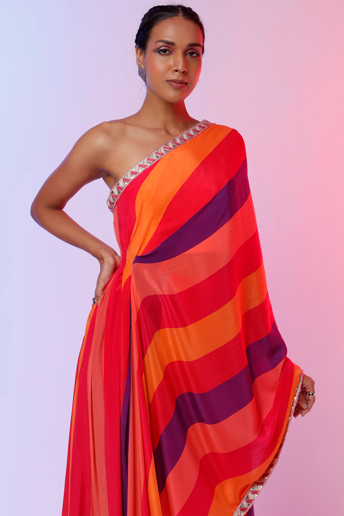 sva by sonam and paras modi Sunset Stripes Print One Shoulder Saree With Pants  Festive fusion Indian designer wear online shopping melange singapore indian designer wear