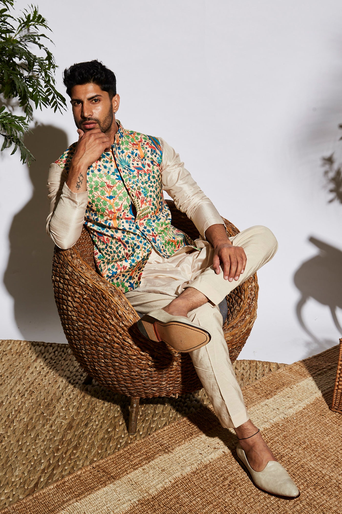 sva by sonam and paras modi menswear Bagh Print Bundi beige festive indian designer wear online shopping melange singapore