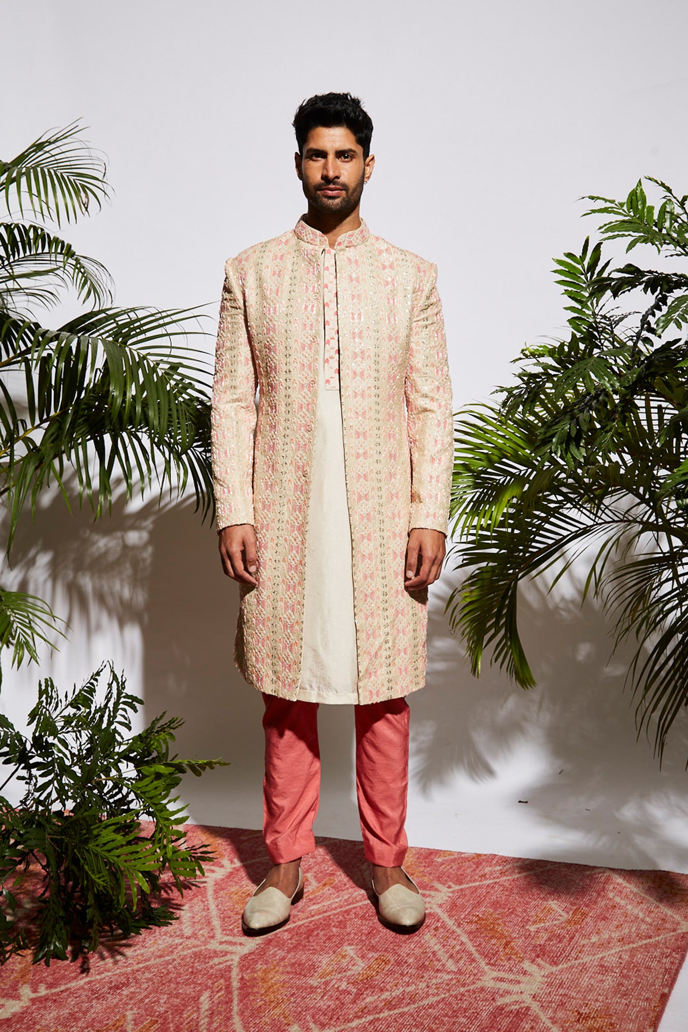 sva by sonam and paras modi menswear Beige kurta with embroidered collar with pink pants festive indian designer wear online shopping melange singapore