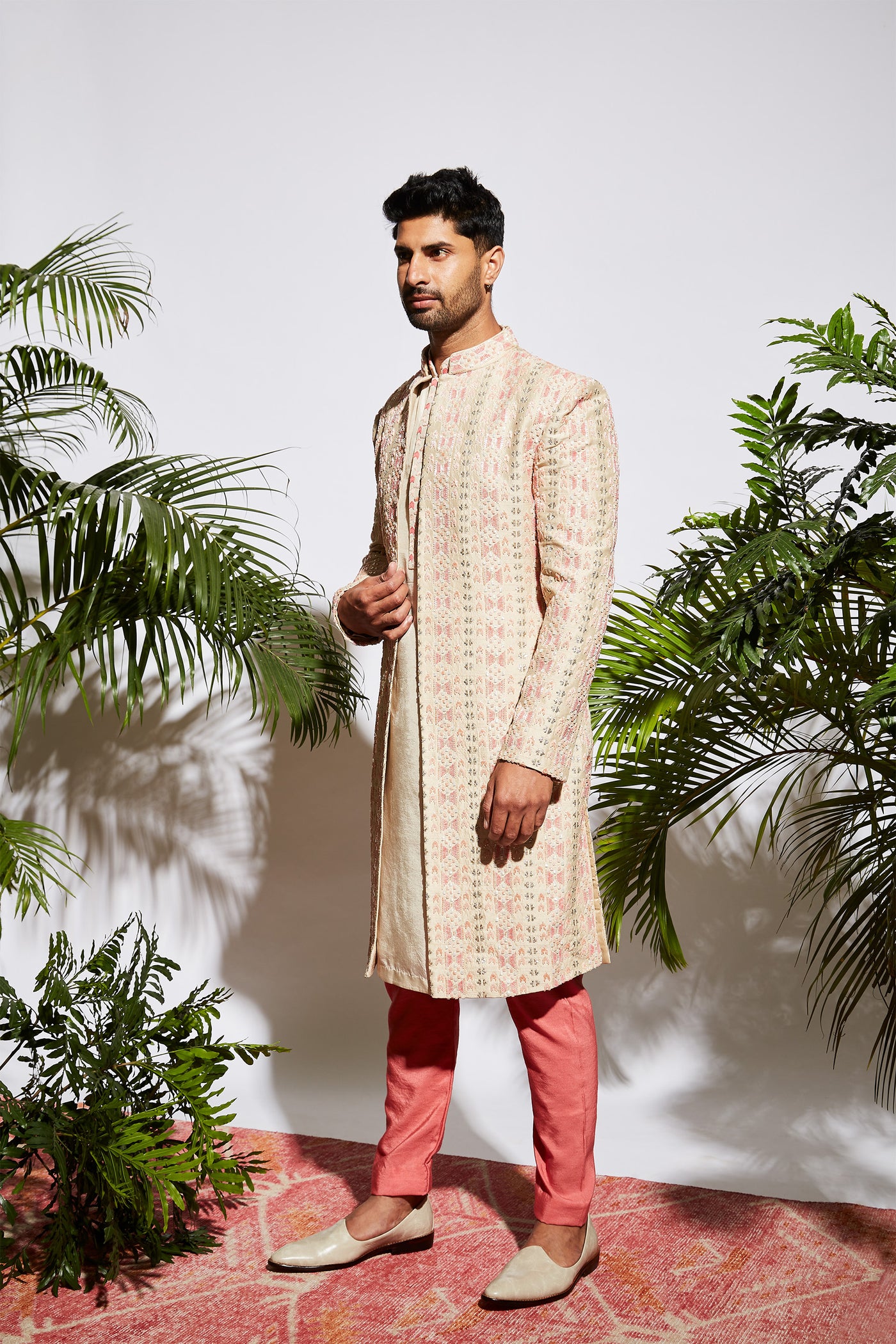 sva by sonam and paras modi menswear Beige kurta with embroidered collar with pink pants festive indian designer wear online shopping melange singapore