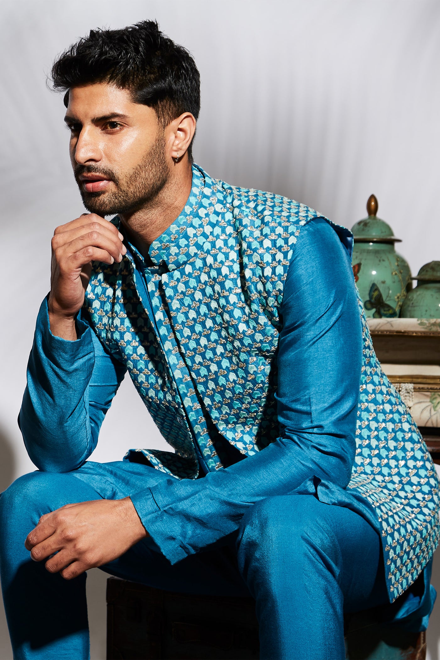 sva by sonam and paras modi menswear Blue embellished bundi festive indian designer wear online shopping melange singapore