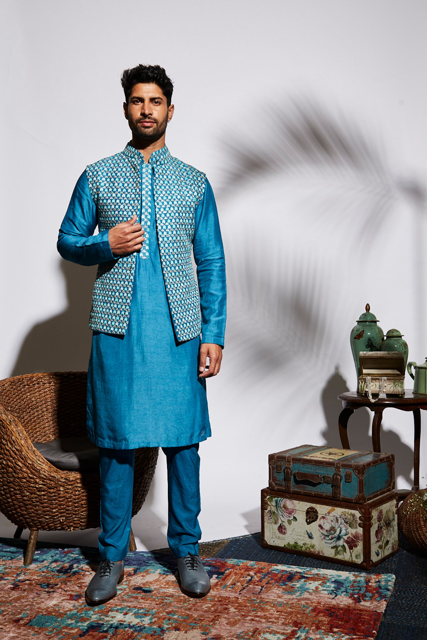 sva by sonam and paras modi menswear Blue embellished bundi festive indian designer wear online shopping melange singapore