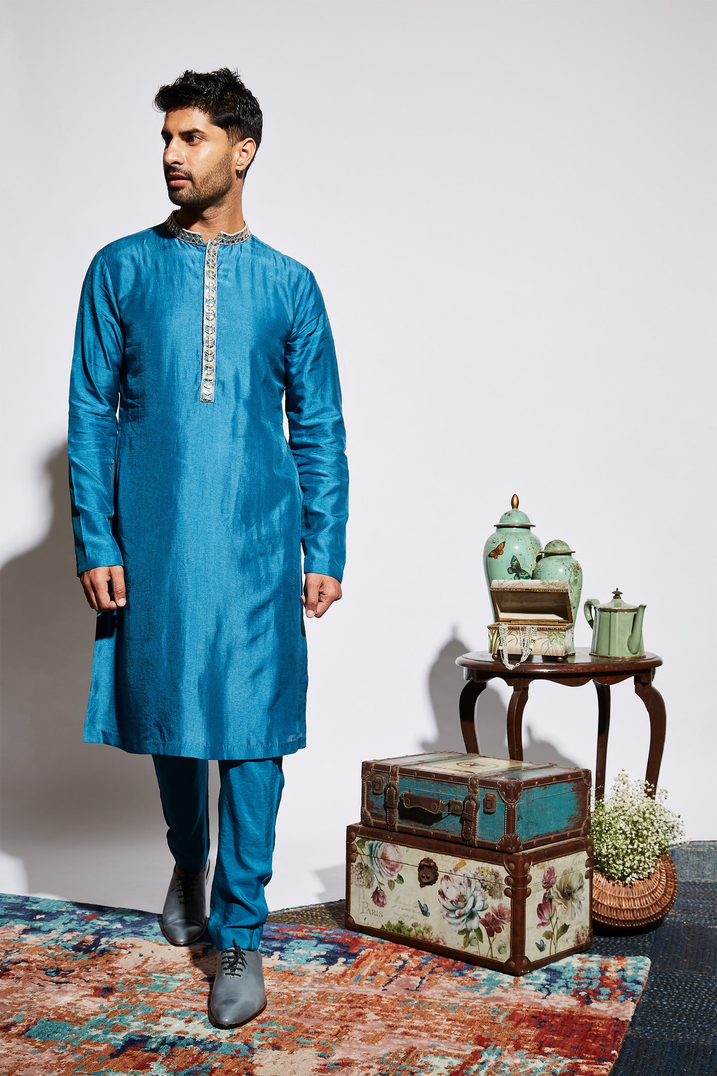 sva by sonam and paras modi menswear Blue Kurta Set With Embellished Collar festive indian designer wear online shopping melange singapore