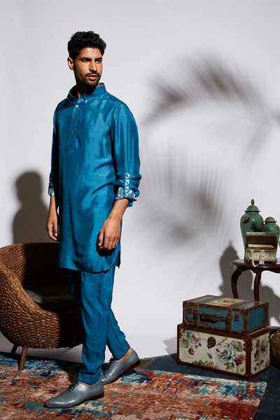 sva by sonam and paras modi Blue plain short kurta with print detailing festive indian designer wear online shopping melange singapore