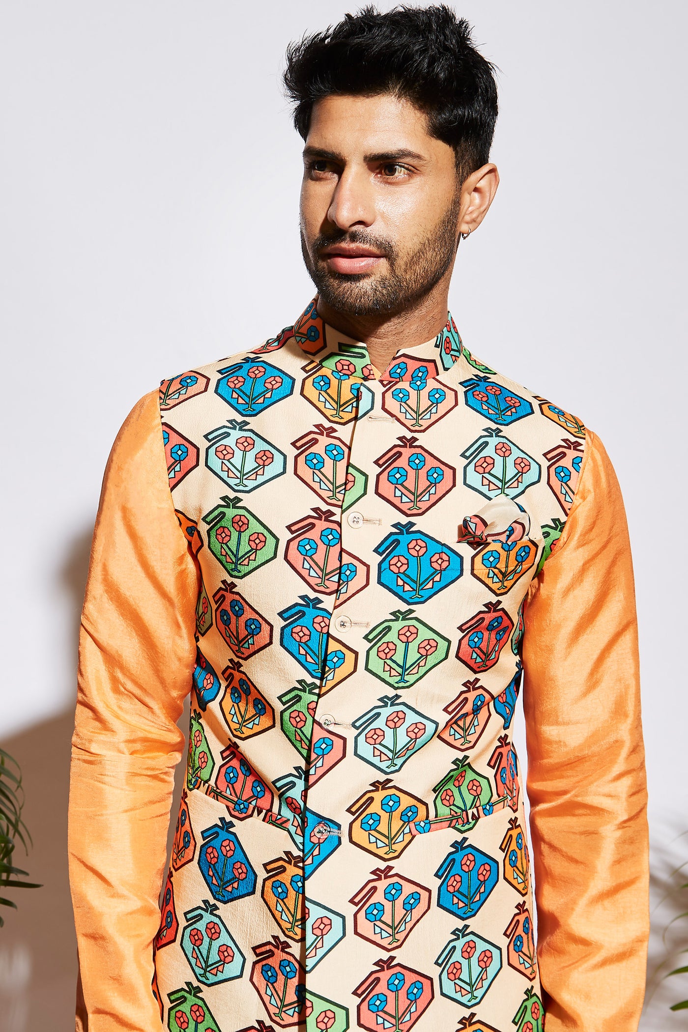 sva by sonam and paras modi menswear Kairi print bundi beige festive indian designer wear online shopping melange singapore