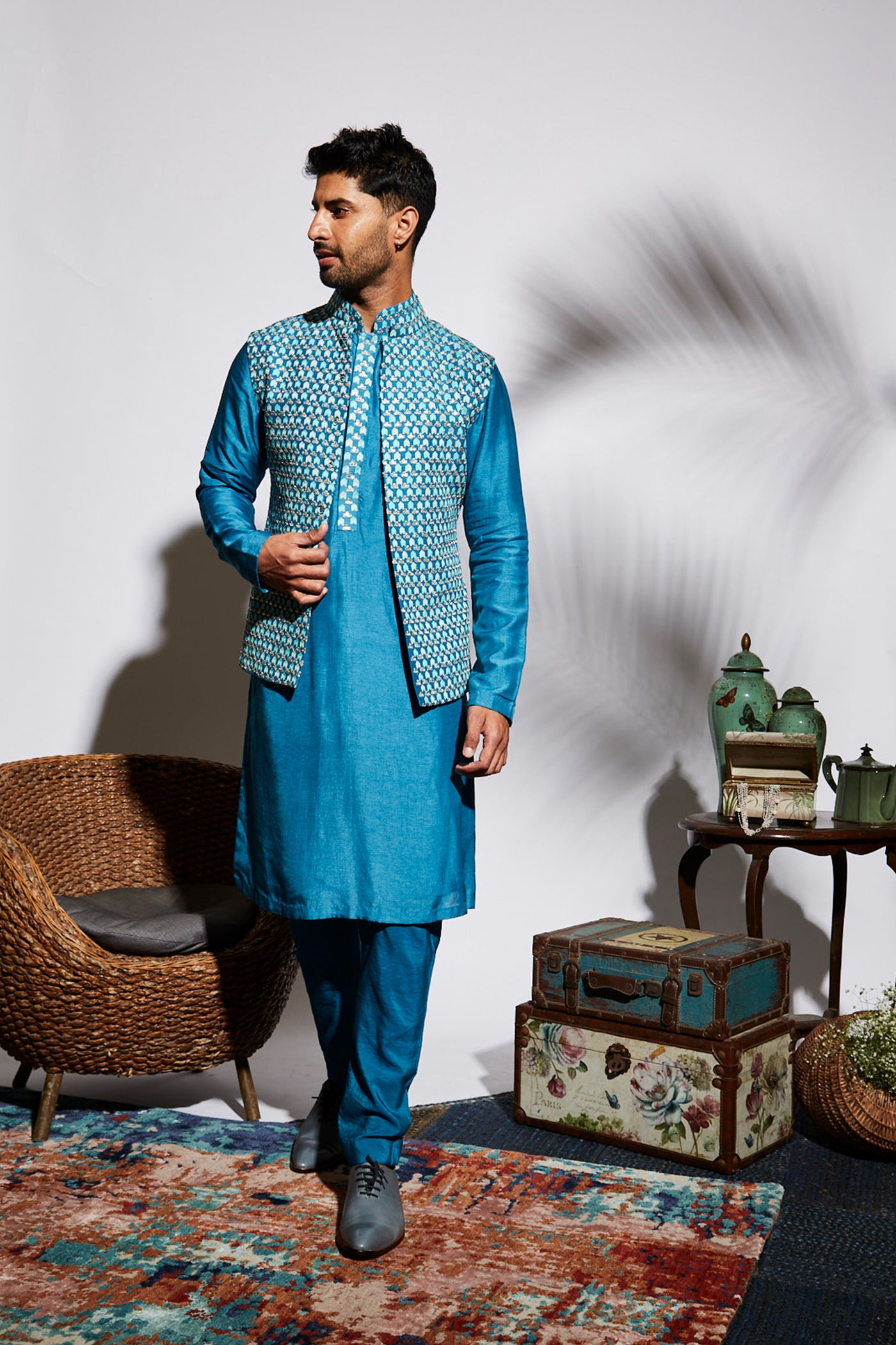sva by sonam and paras modi Blue Kurta Set With Embellished Collar festive indian designer wear online shopping melange singapore