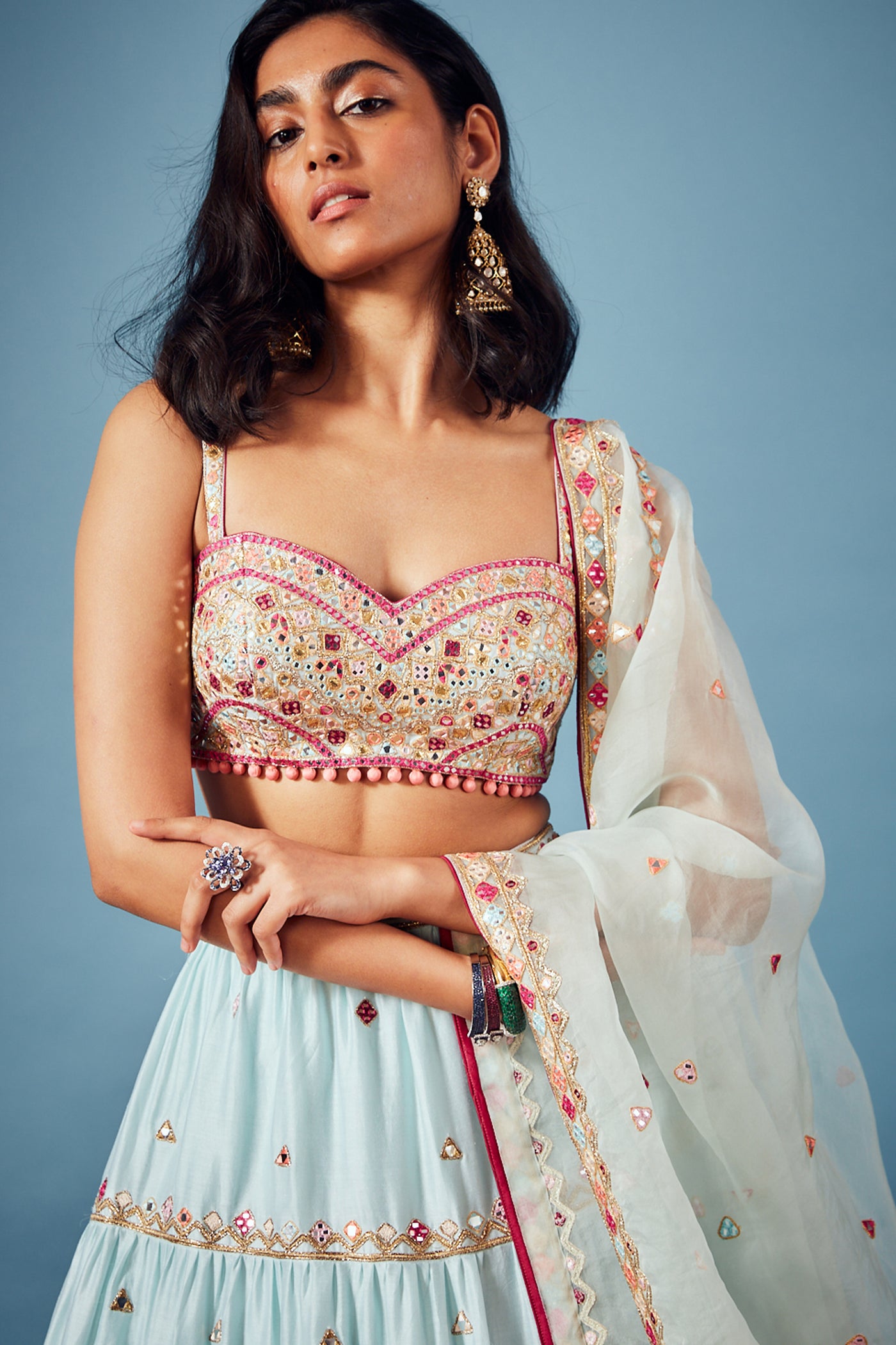 tamanna punjabi kapoor Blue Chanderi Tiered Lehenga Set festive Indian designer wear online shopping melange singapore