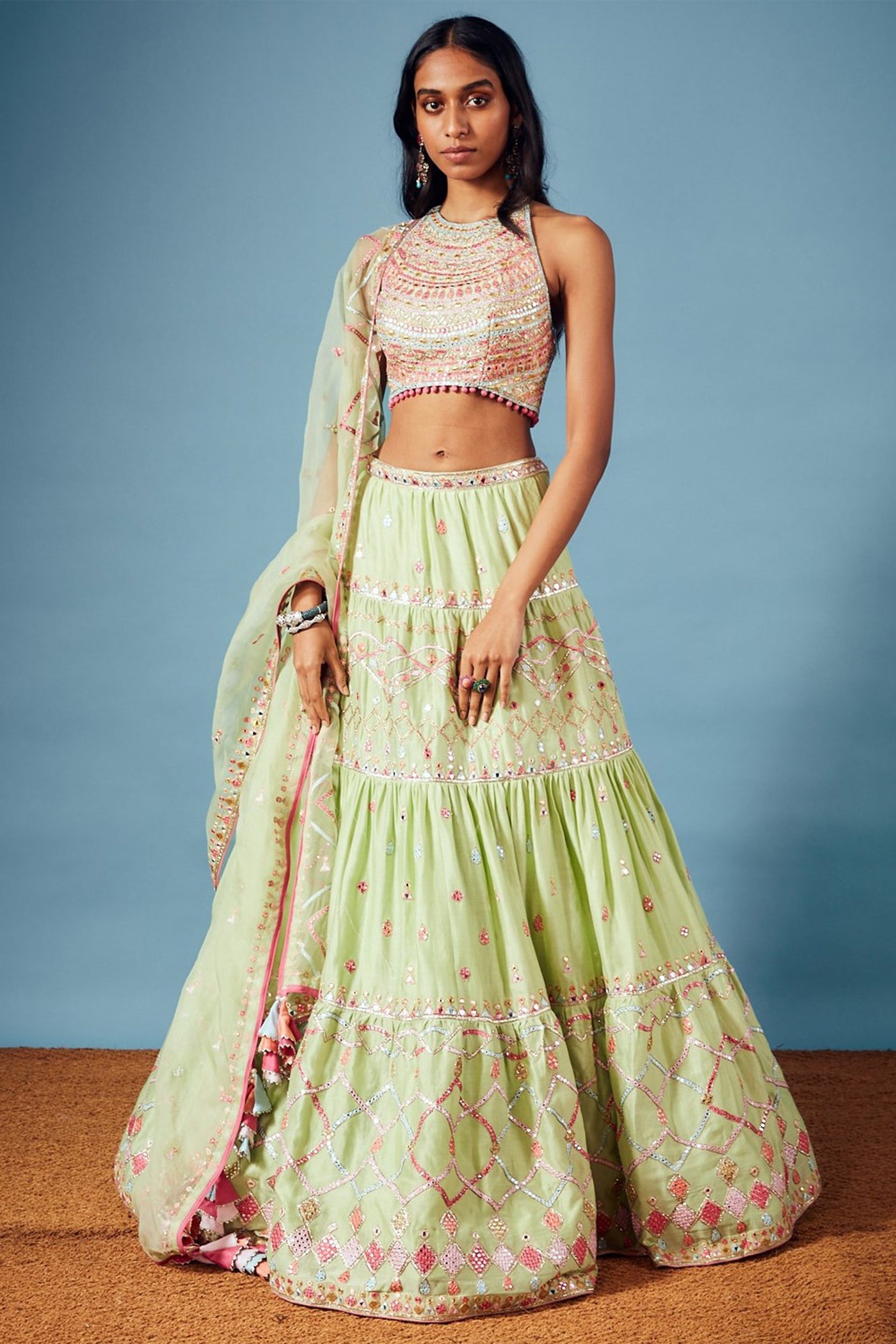 tamanna punjabi kapoor Green Chanderi Tiered Lehenga Set festive Indian designer wear online shopping melange singapore