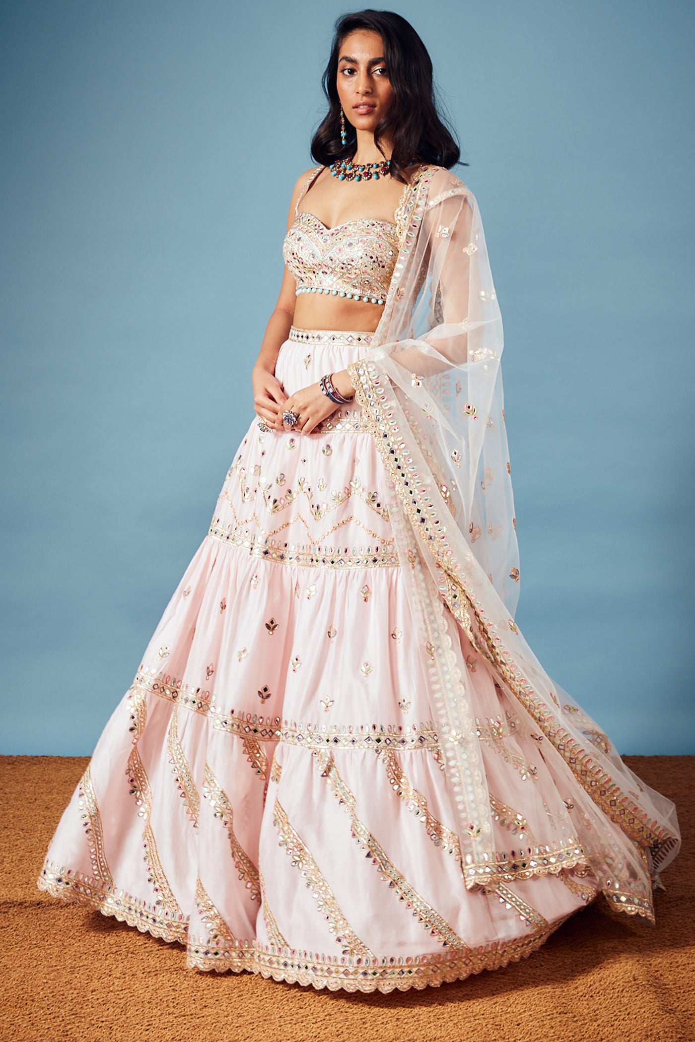 tamanna punjabi kapoor Pink Chanderi Tiered Lehenga Set festive Indian designer wear online shopping melange singapore