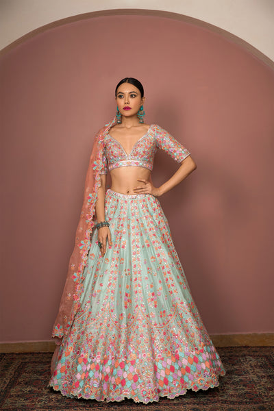 tamanna punjabi kapoor  Blue Lehenga Set With Resham Foil Embroidery festive Indian designer wear online shopping melange singapore