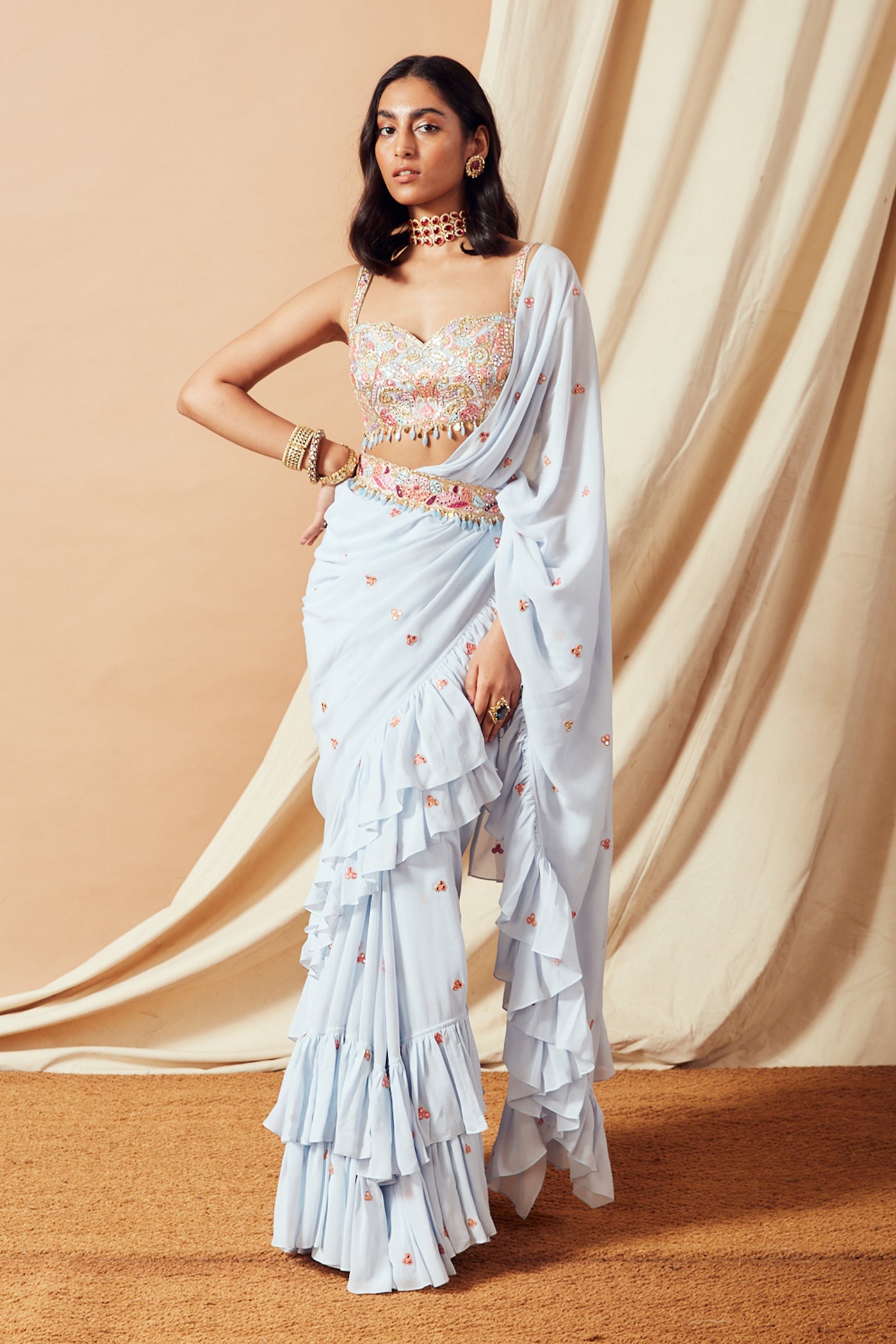 tamanna punjabi kapoor Blue Ruffle Saree Set festive Indian designer wear online shopping melange singapore