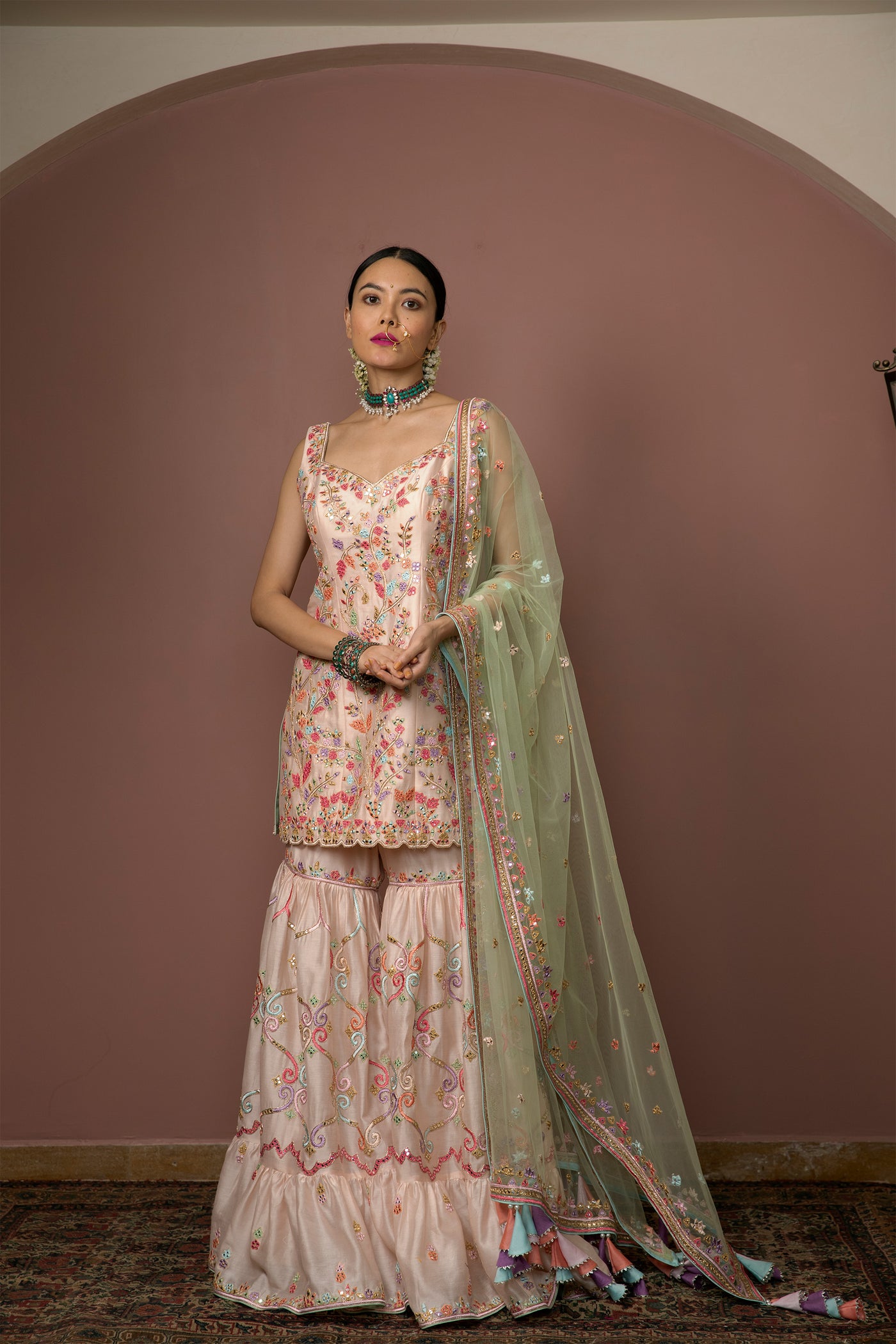 tamanna punjabi kapoor Blush Peach Frill Gharara festive Indian designer wear online shopping melange singapore