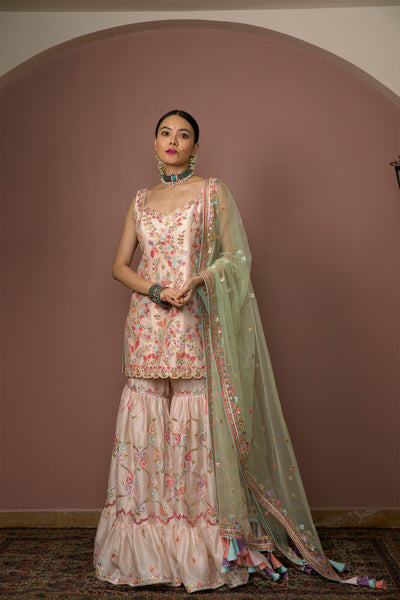 tamanna punjabi kapoor Blush Peach Frill Gharara festive Indian designer wear online shopping melange singapore