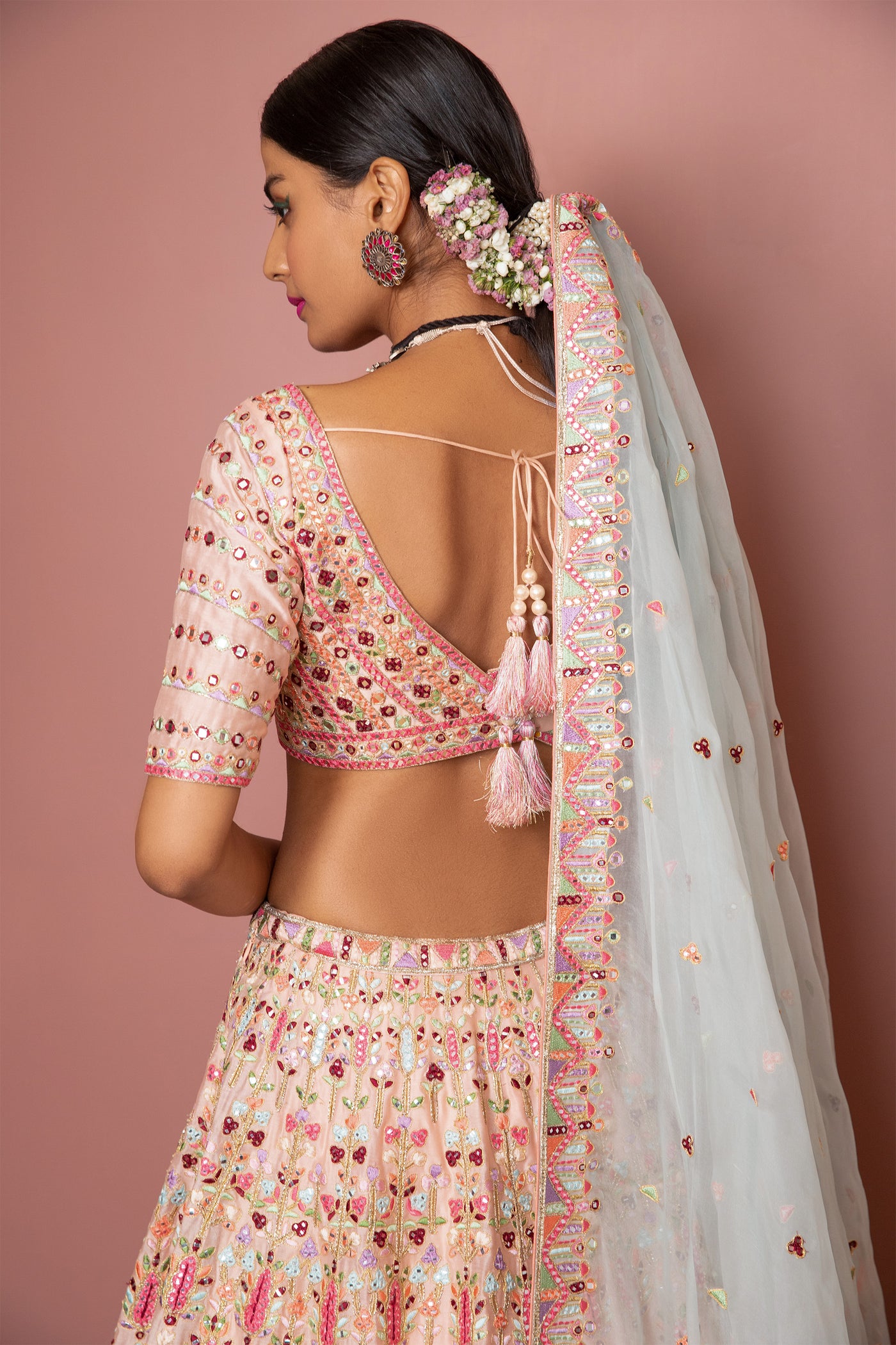 tamanna punjabi kapoor Blush Peach Heavily Embroidered Lehenga Set With Resham Mirror festive Indian designer wear online shopping melange singapore