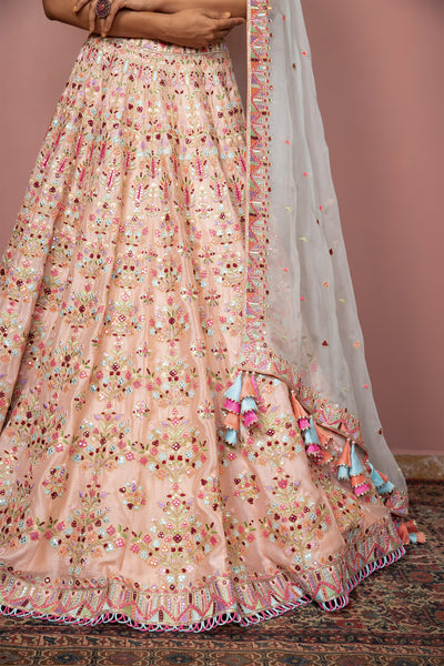 tamanna punjabi kapoor Blush Peach Heavily Embroidered Lehenga Set With Resham Mirror festive Indian designer wear online shopping melange singapore