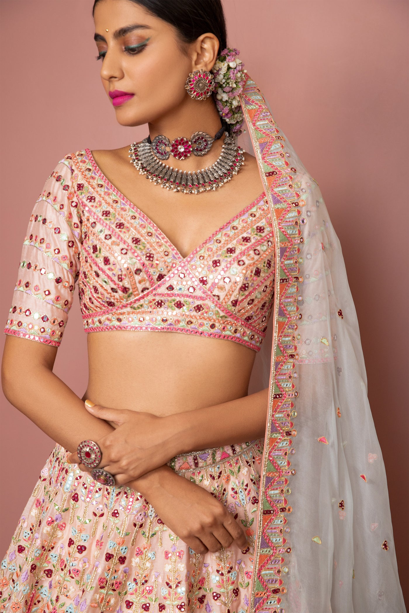 tamanna punjabi kapoor Blush Peach Heavily Embroidered Lehenga Set With Resham Mirror festive Indian designer wear online shopping melange singapore