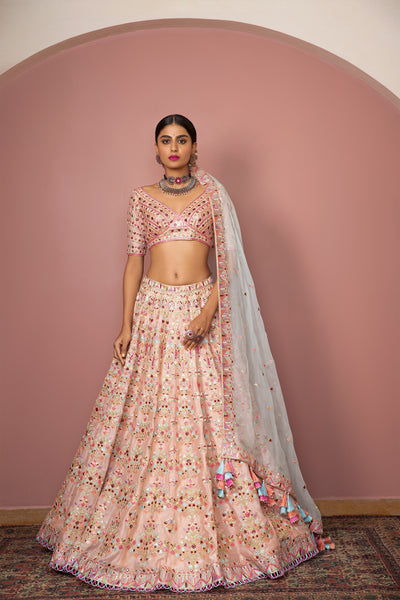 tamanna punjabi kapoor Blush Peach Heavily Embroidered Lehenga Set With Resham Mirror festive Indian designer wear online shopping melange singapore