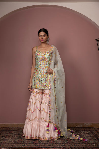 tamanna punjabi kapoor Blush Pink Chanderi Lehenga With Foil And Resham Embroidery festive Indian designer wear online shopping melange singapore