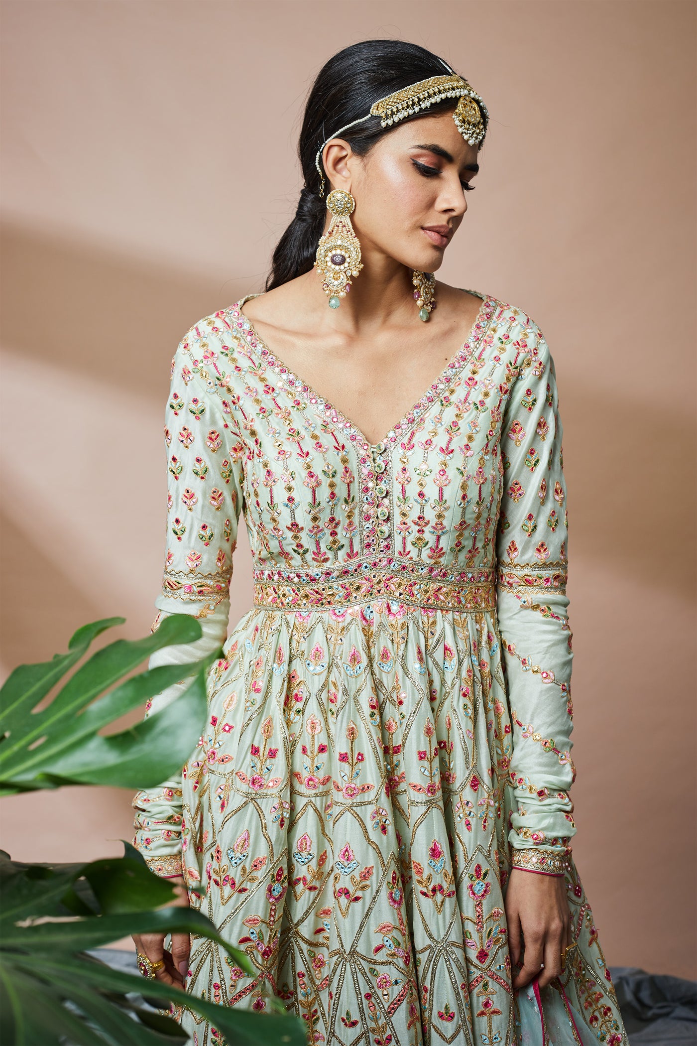 tamanna punjabi kapoor Green Chanderi Anarkali With Blue Dupatta festive Indian designer wear online shopping melange singapore