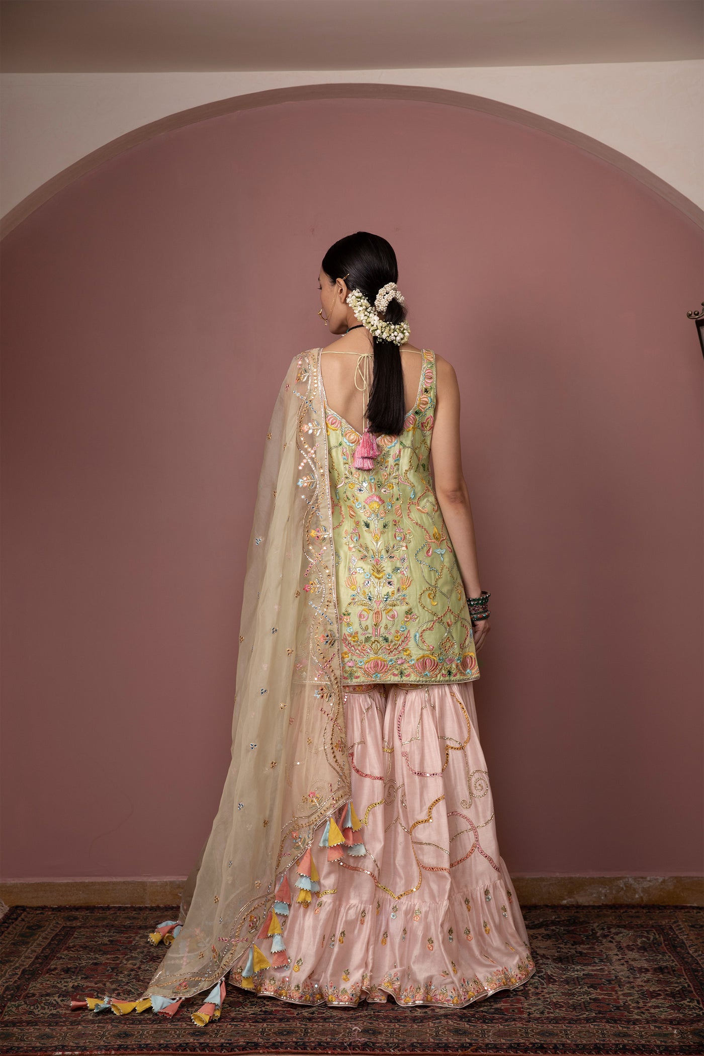 tamanna punjabi kapoor Green Kurta With Peach Gharara festive Indian designer wear online shopping melange singapore