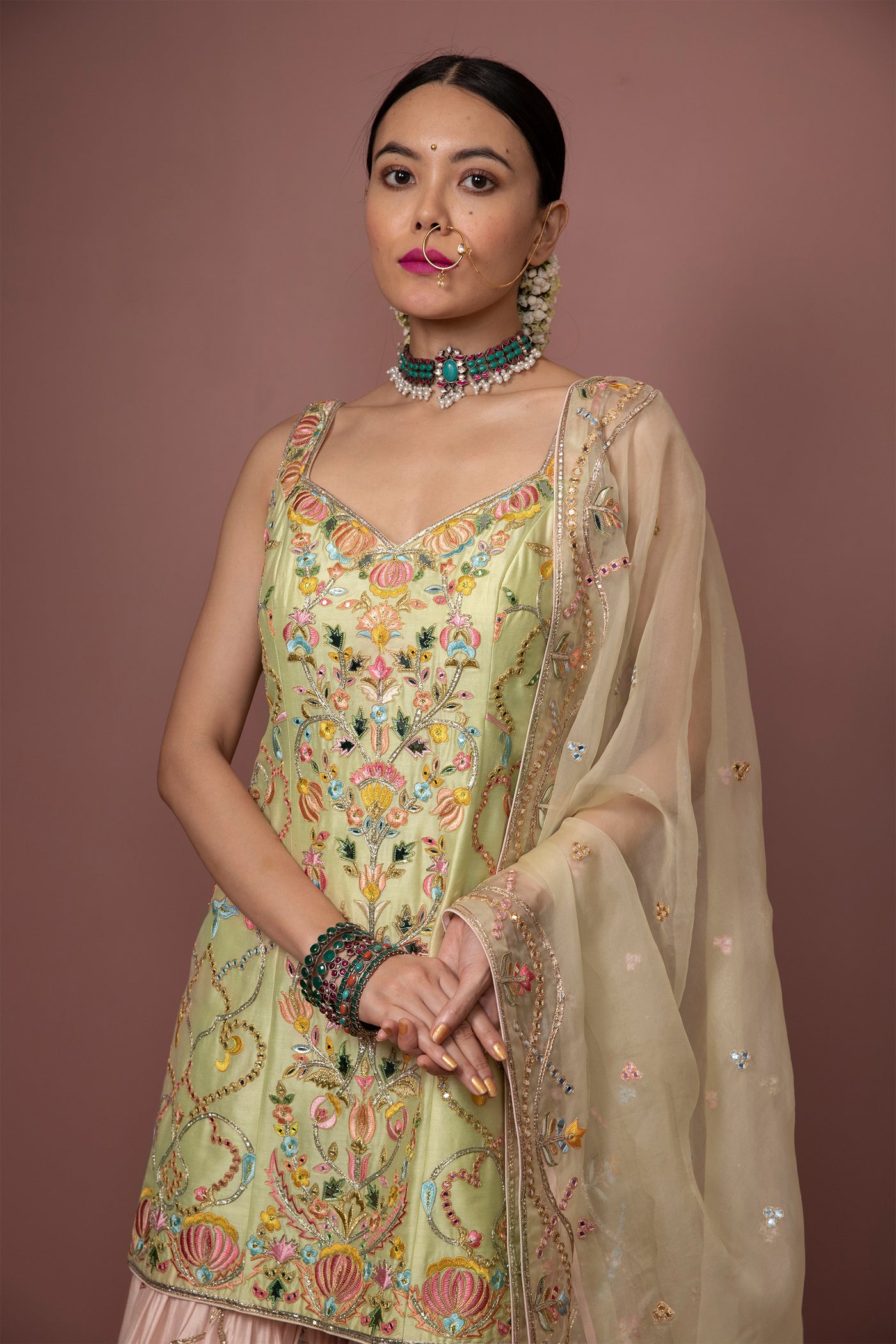 tamanna punjabi kapoor Green Kurta With Peach Gharara festive Indian designer wear online shopping melange singapore