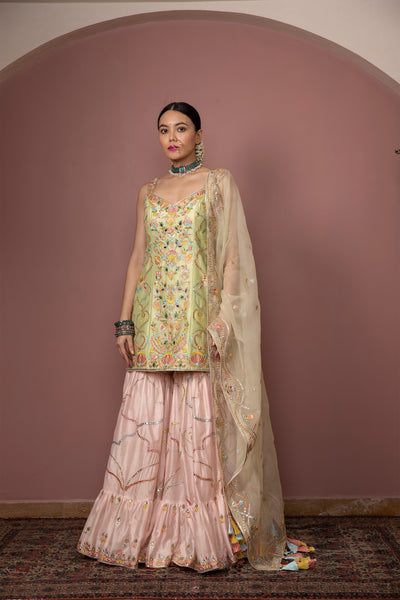 tamanna punjabi kapoor Green Kurta With Peach Gharara festive Indian designer wear online shopping melange singapore