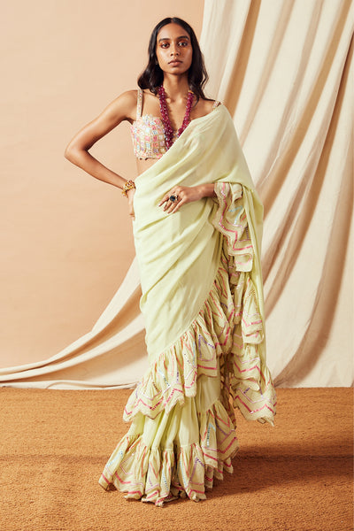 tamanna punjabi kapoor Green Ruffle Saree Set festive Indian designer wear online shopping melange singapore