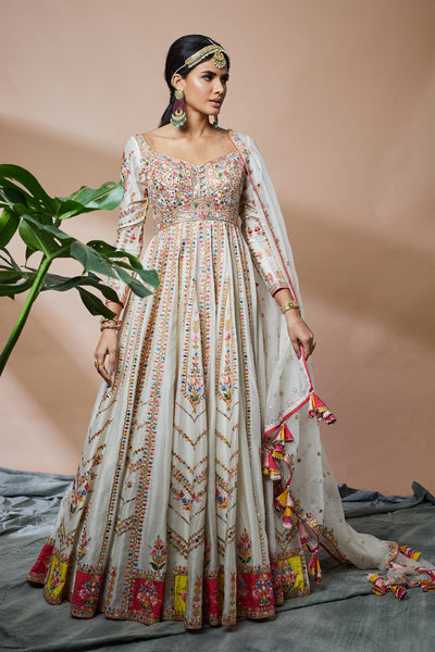 tamanna punjabi kapoor Ivory Chanderi Anarkali With Patchwork festive Indian designer wear online shopping melange singapore