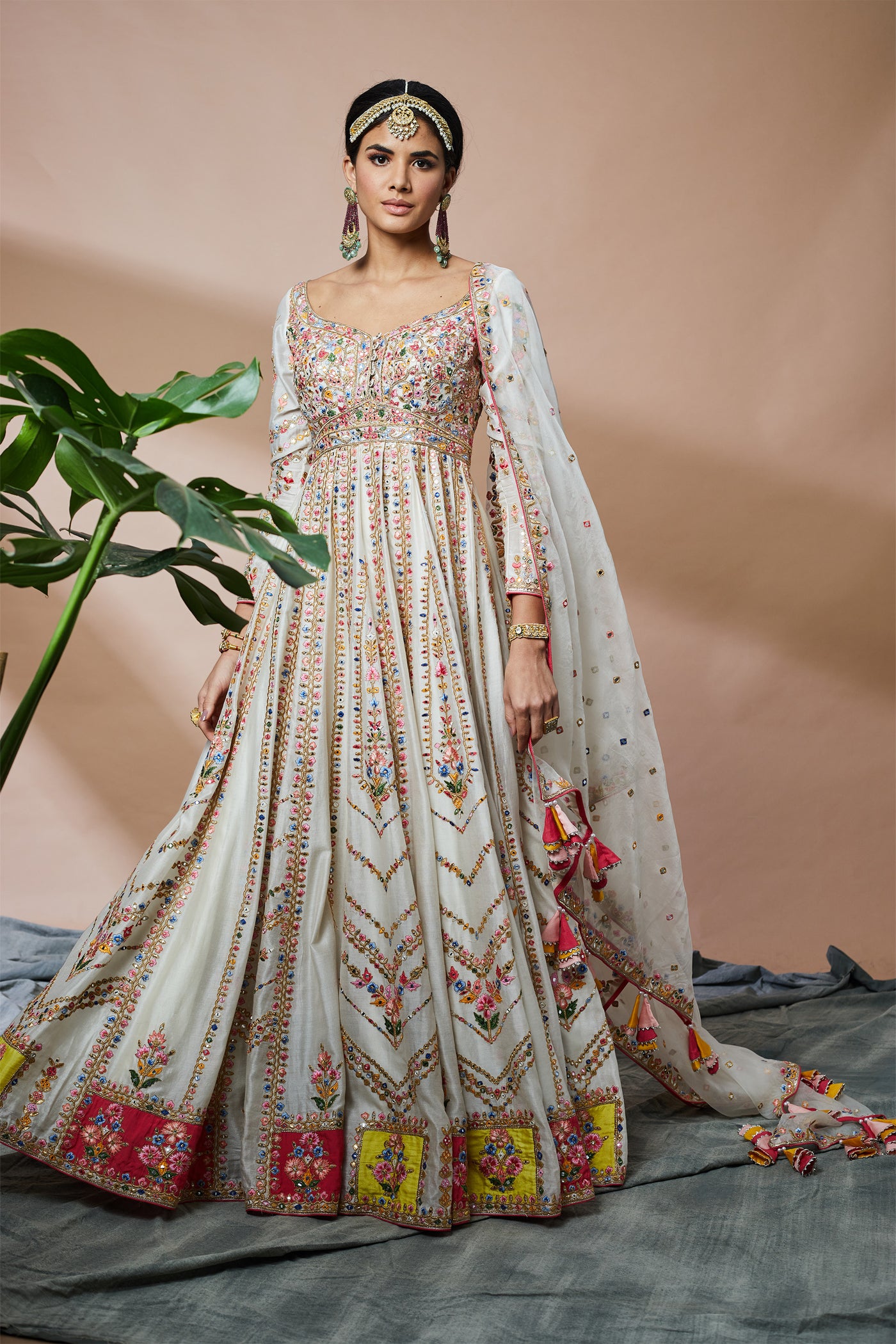 tamanna punjabi kapoor Ivory Chanderi Anarkali With Patchwork festive Indian designer wear online shopping melange singapore