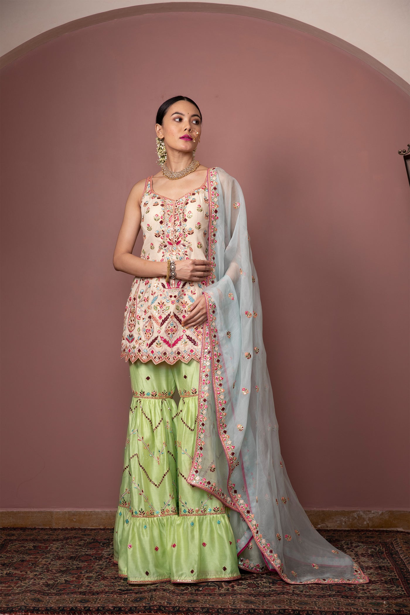 tamanna punjabi kapoor Ivory Kurta And Green Gharara Set  festive Indian designer wear online shopping melange singapore