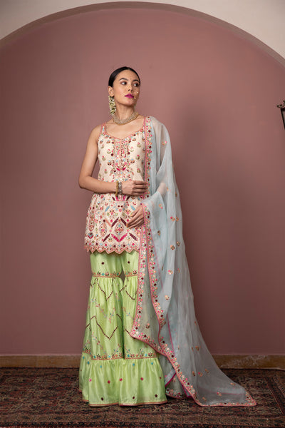 tamanna punjabi kapoor Ivory Kurta And Green Gharara Set  festive Indian designer wear online shopping melange singapore