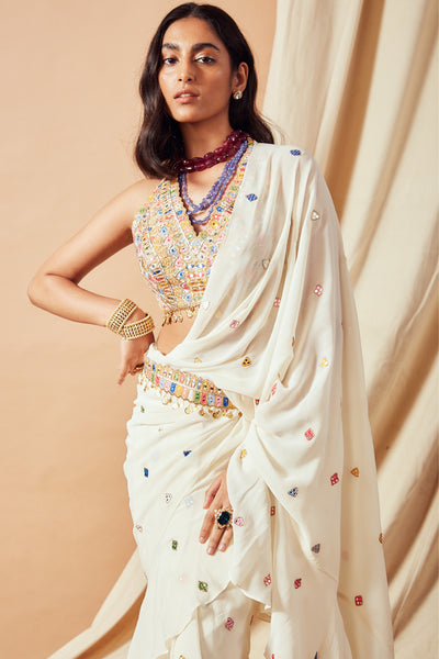 tamanna punjabi kapoor Ivory Ruffle Saree Set festive Indian designer wear online shopping melange singapore