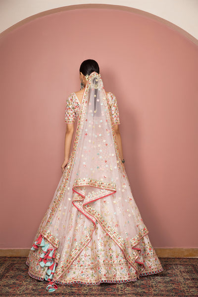 tamanna punjabi kapoor Light Blush Pink Mirror And Resham Detailed Lehenga Set festive Indian designer wear online shopping melange singapore