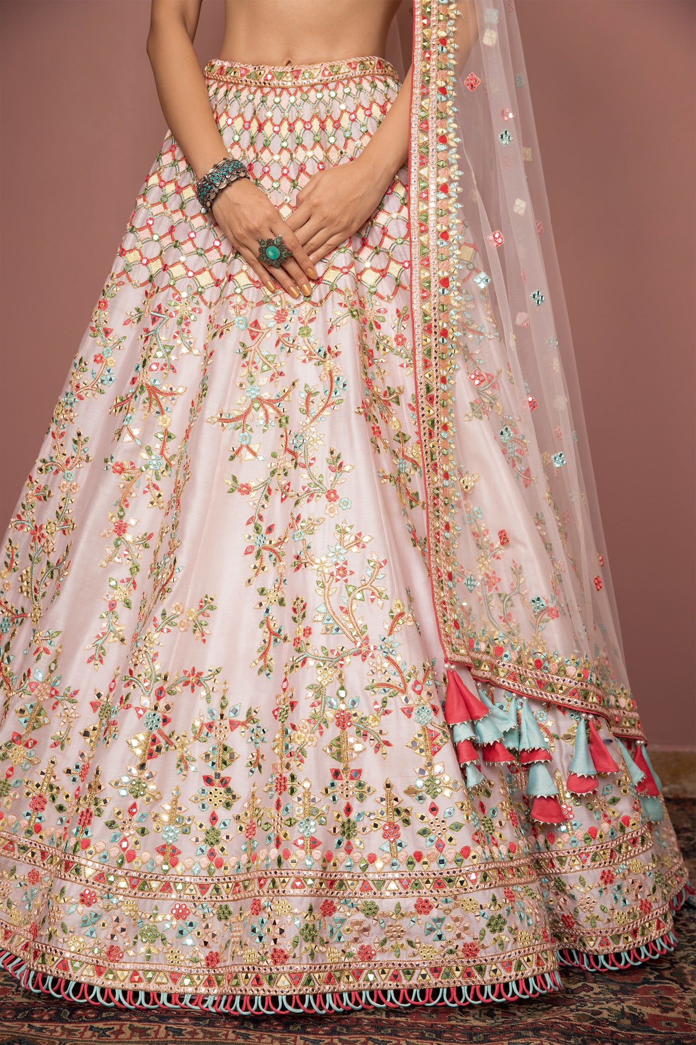 tamanna punjabi kapoor Light Blush Pink Mirror And Resham Detailed Lehenga Set festive Indian designer wear online shopping melange singapore