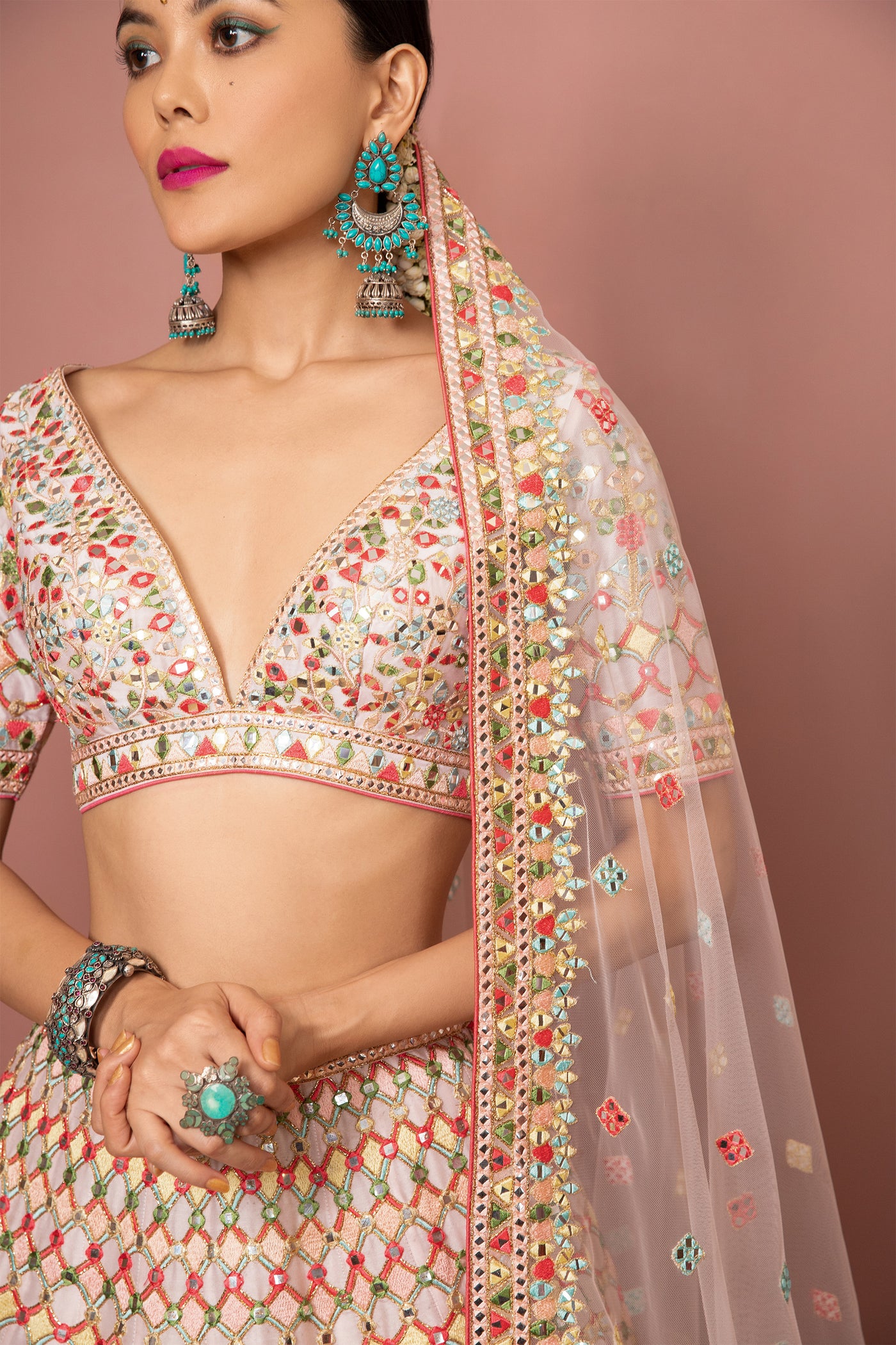 tamanna punjabi kapoor Light Blush Pink Mirror And Resham Detailed Lehenga Set festive Indian designer wear online shopping melange singapore