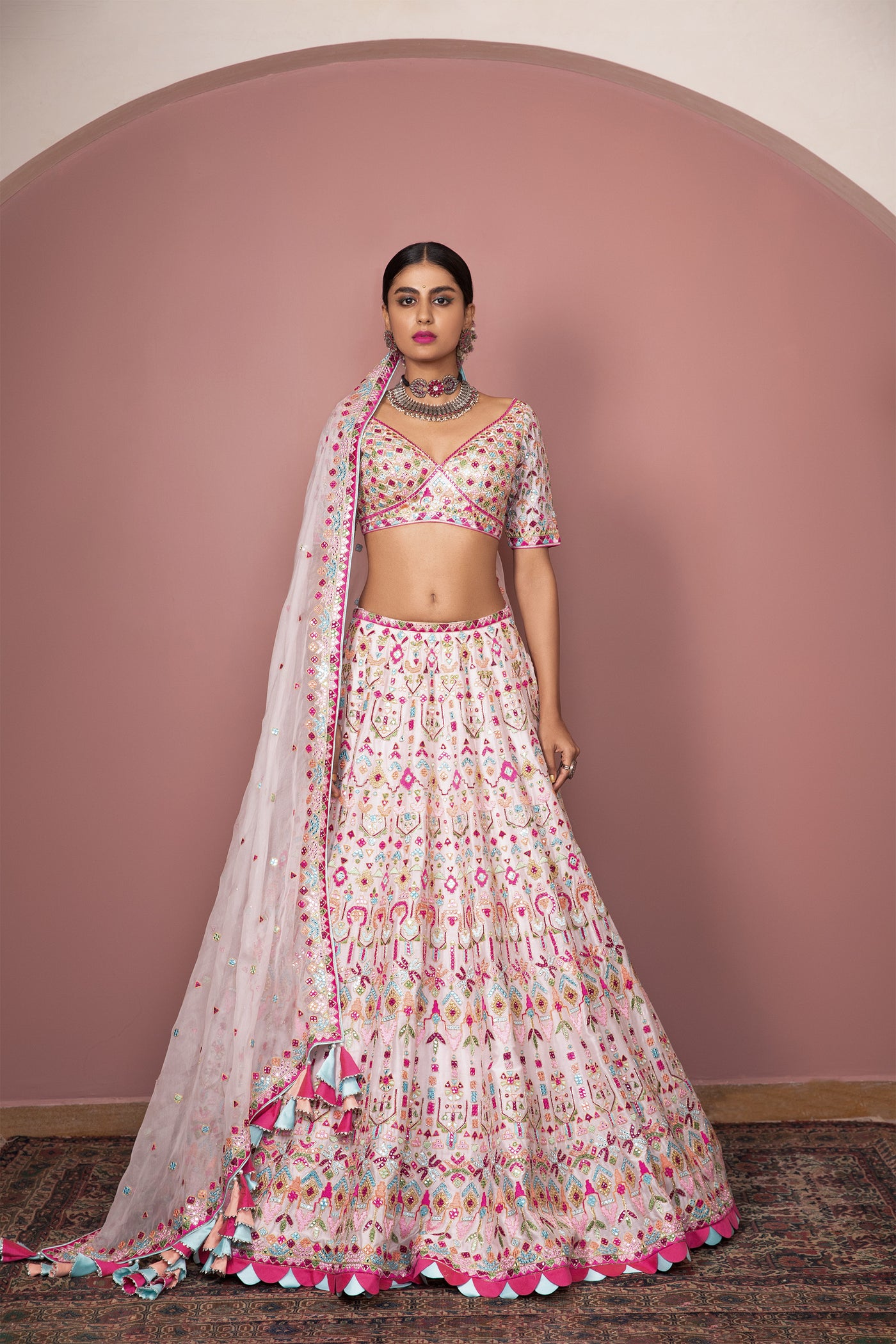 tamanna punjabi kapoor Pink Chanderi Lehenga Set With Pop Resham Colours festive Indian designer wear online shopping melange singapore