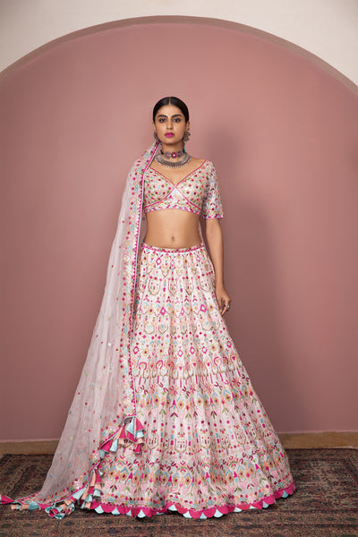 tamanna punjabi kapoor Pink Chanderi Lehenga Set With Pop Resham Colours festive Indian designer wear online shopping melange singapore