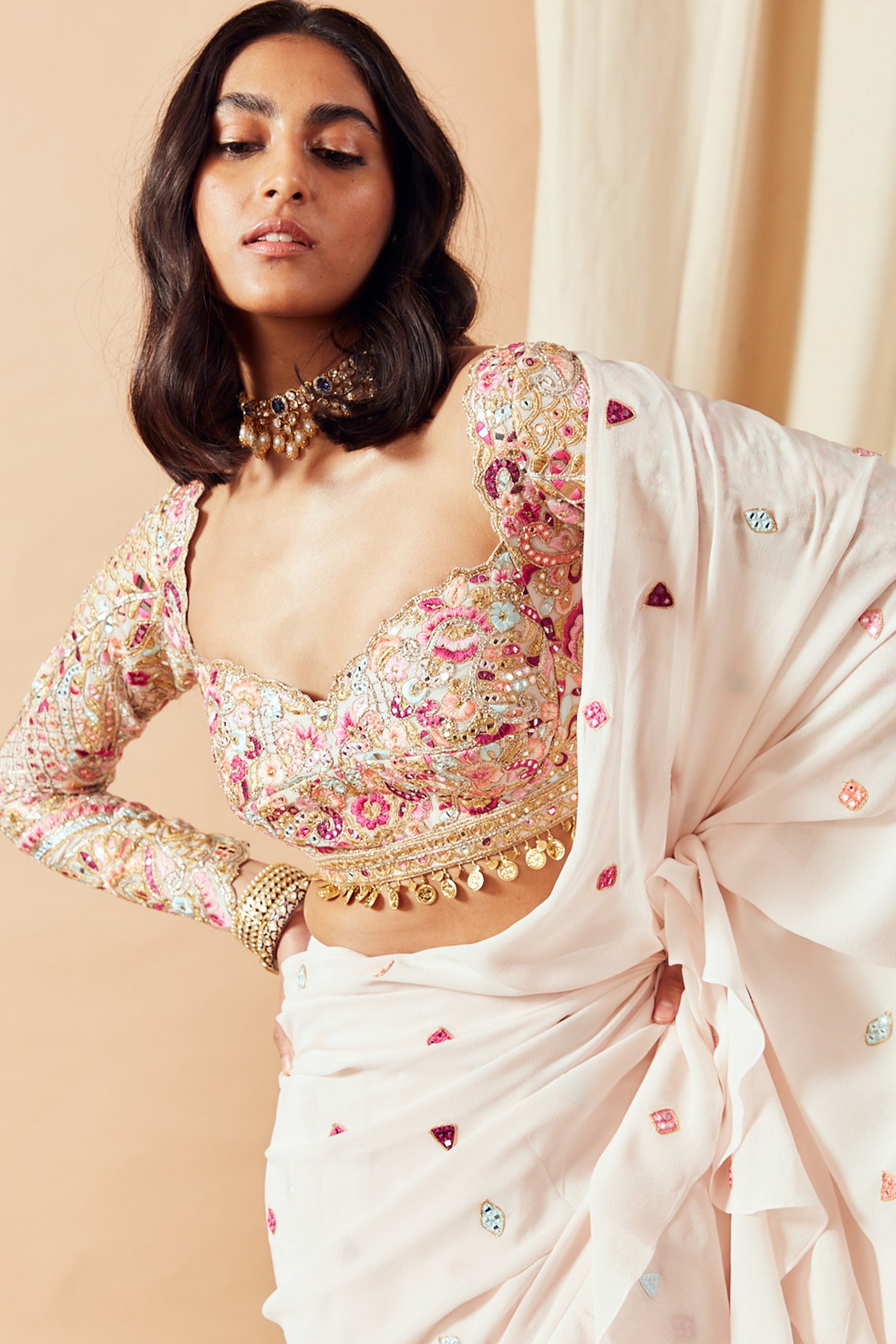 tamanna punjabi kapoor Pink Ruffle Saree Set festive Indian designer wear online shopping melange singapore