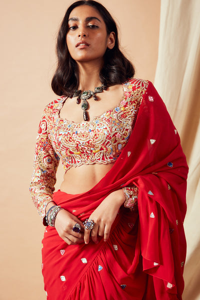 tamanna punjabi kapoor Red Ruffle Saree Set festive Indian designer wear online shopping melange singapore