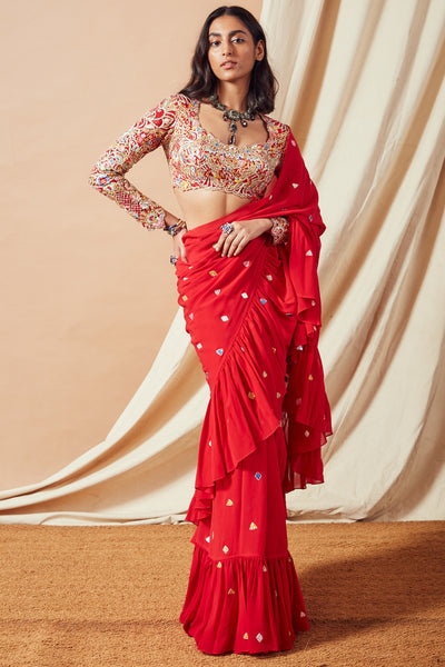 tamanna punjabi kapoor Red Ruffle Saree Set festive Indian designer wear online shopping melange singapore