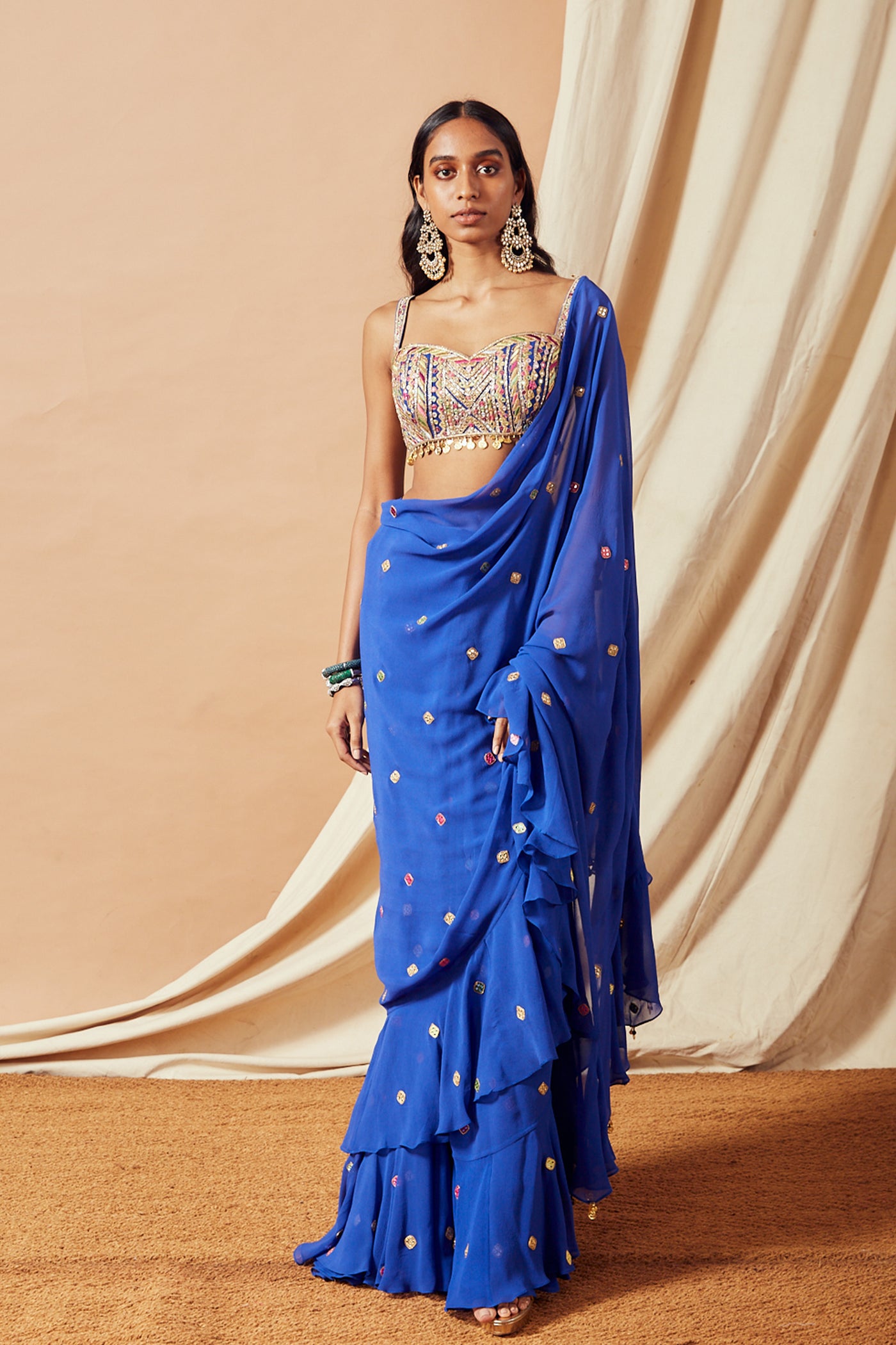 tamanna punjabi kapoor Royal Blue Ruffle Saree Set festive Indian designer wear online shopping melange singapore