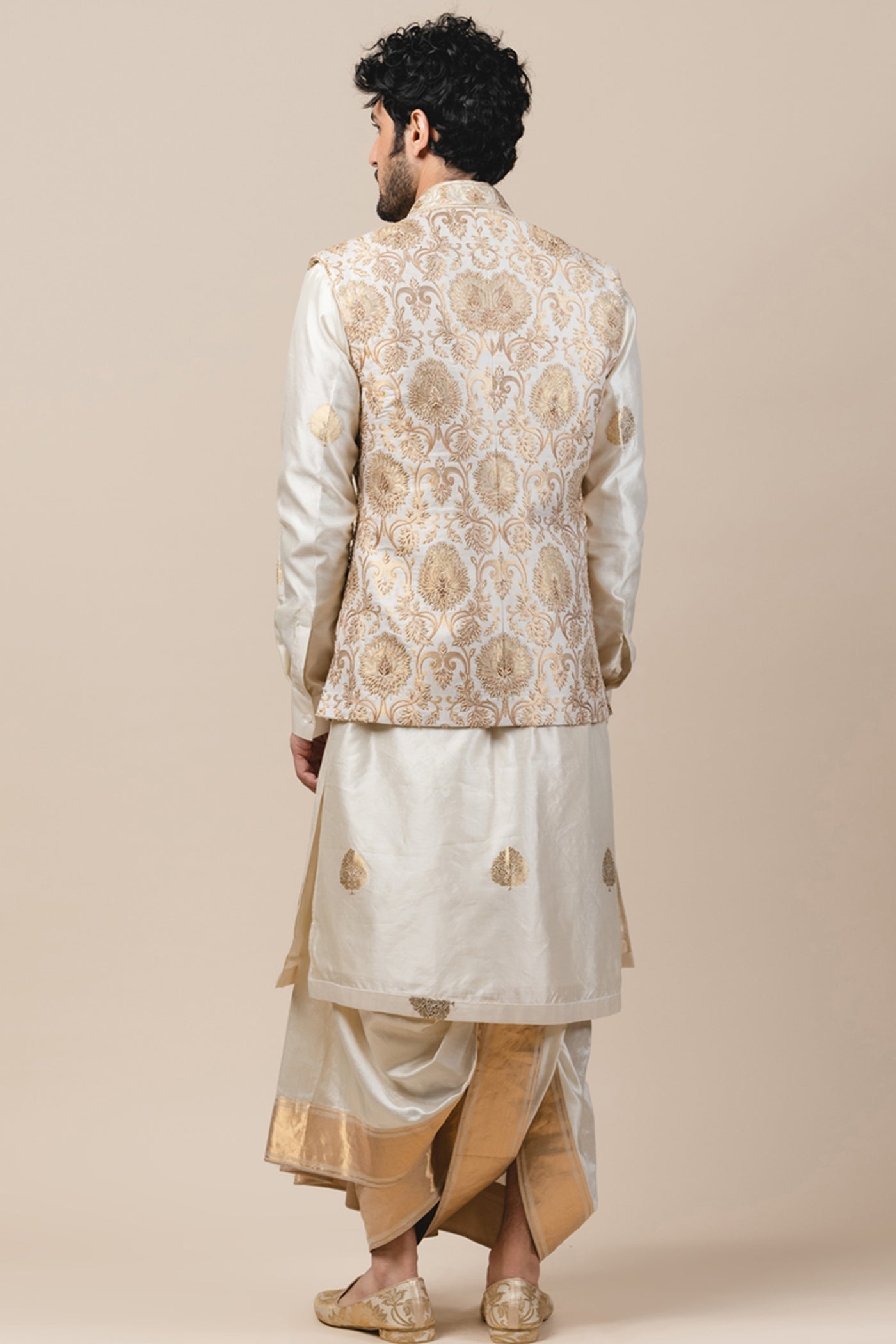 Tarun Tahiliani menswear Brocade bundi waistcoat gold ivory white wedding groom bridal indian designer wear online shopping melange singapore