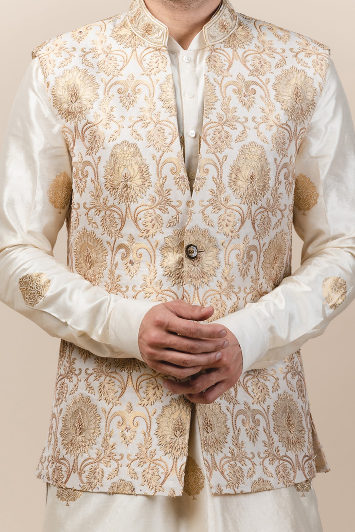 Tarun Tahiliani menswear Brocade bundi waistcoat gold ivory white wedding groom bridal indian designer wear online shopping melange singapore
