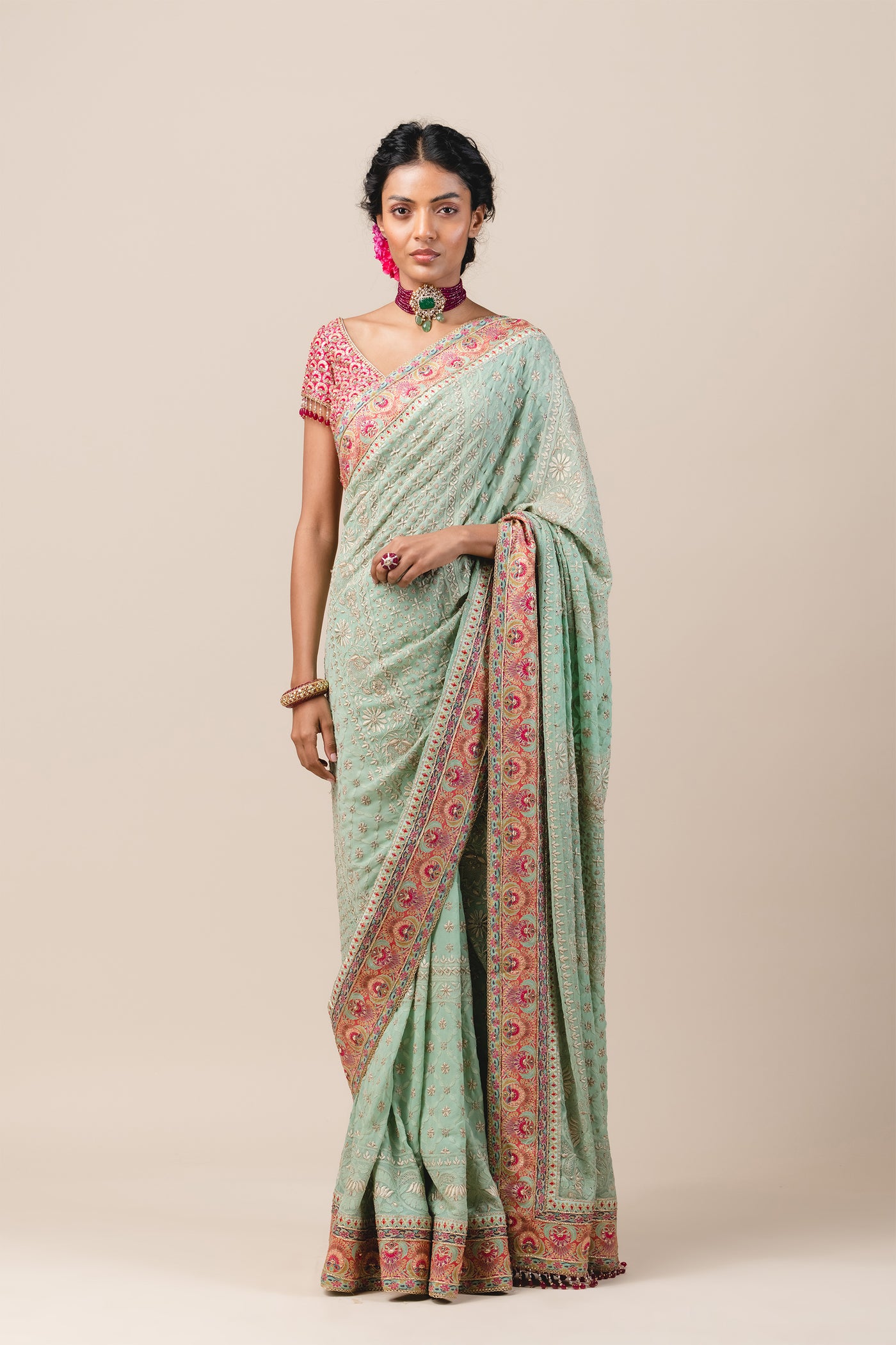 tarun tahilainia Chikankari Saree In Silk Georgette jade blue online shopping melange singapore festive indian designer wear wedding