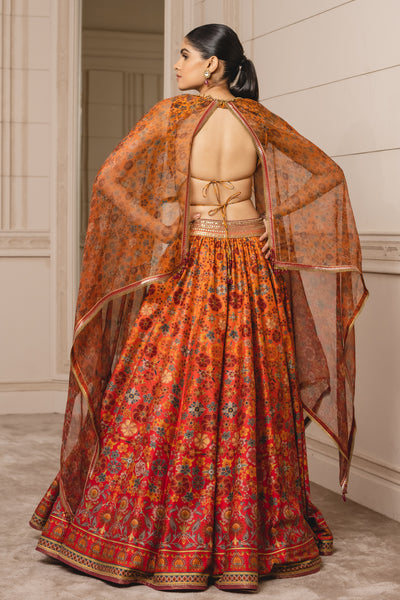 Tarun Tahiliani Lehenga With Blouse And Dupatta sunset orange festive indian designer wear online shopping melange singapore
