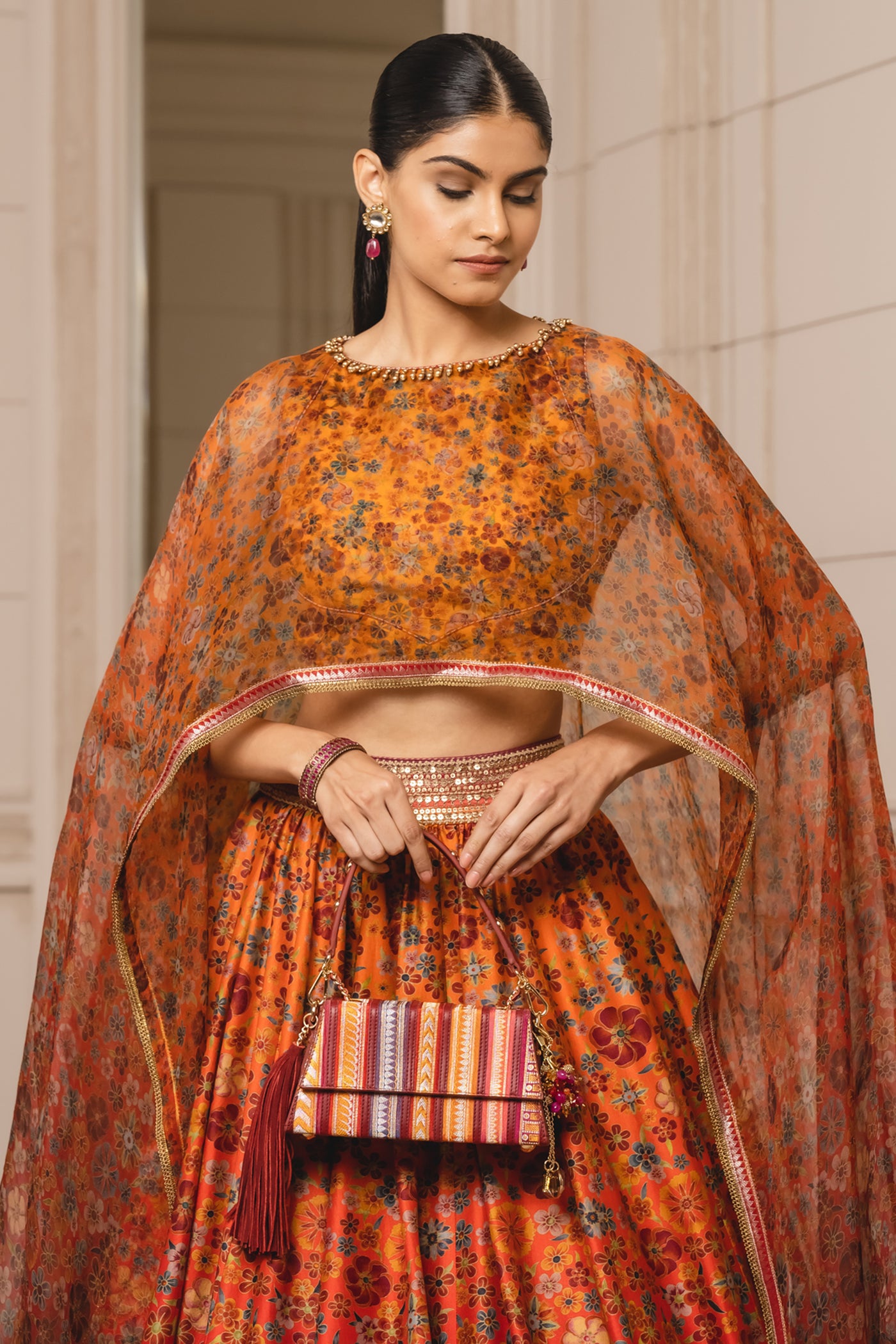 Tarun Tahiliani Lehenga With Blouse And Dupatta sunset orange festive indian designer wear online shopping melange singapore