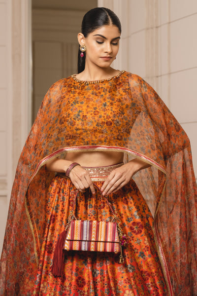Tarun Tahiliani Lehenga With Blouse And Dupatta sunset orange festive indian designer wear online shopping melange singapore