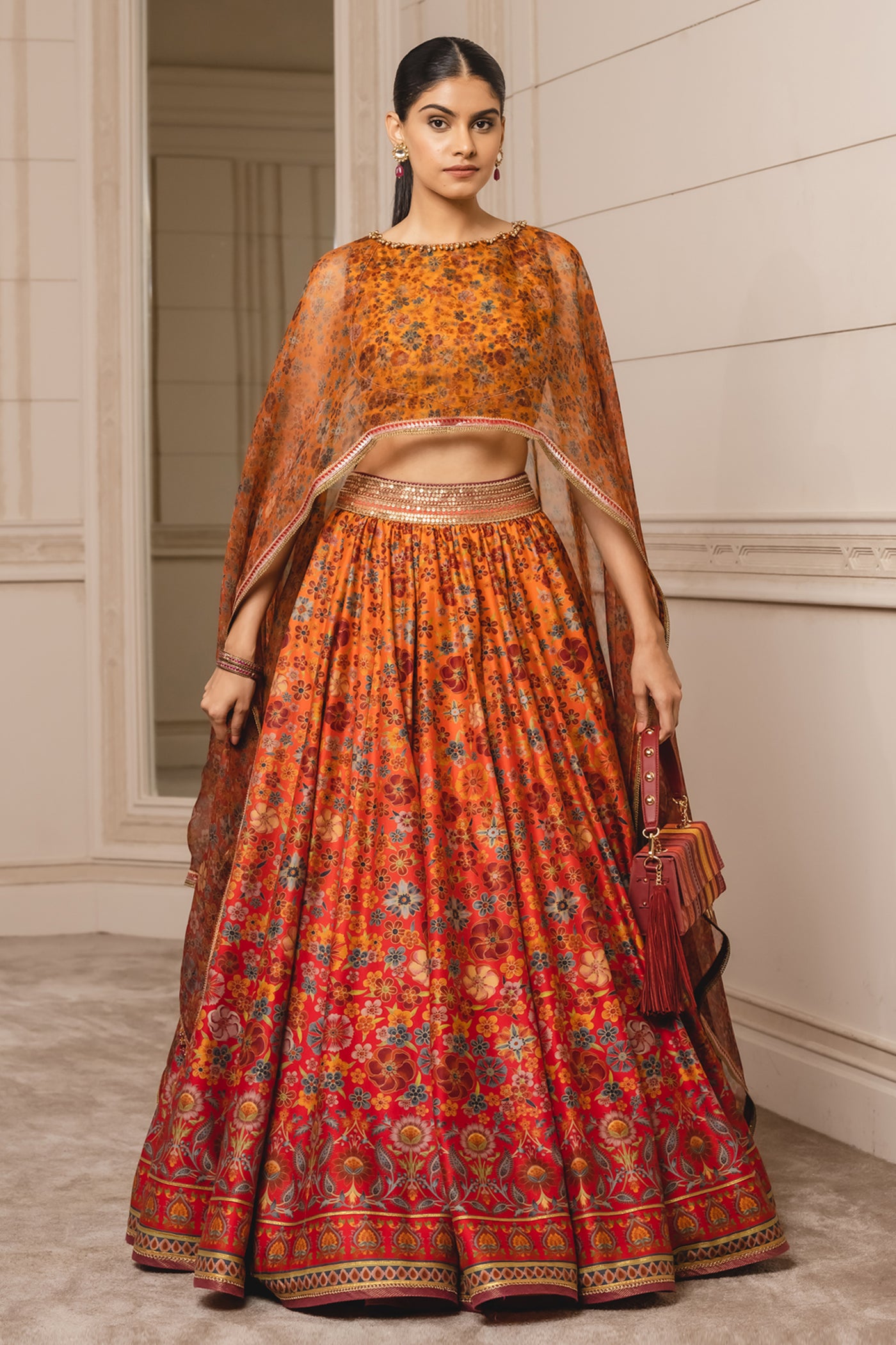 Tarun Tahiliani Lehenga With Blouse And Dupatta sunset orange festive indian designer wear online shopping melange singapore