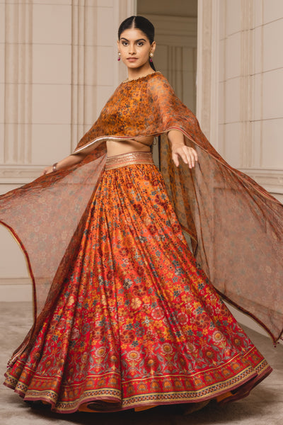 Tarun Tahiliani Lehenga With Blouse And Dupatta sunset orange festive indian designer wear online shopping melange singapore